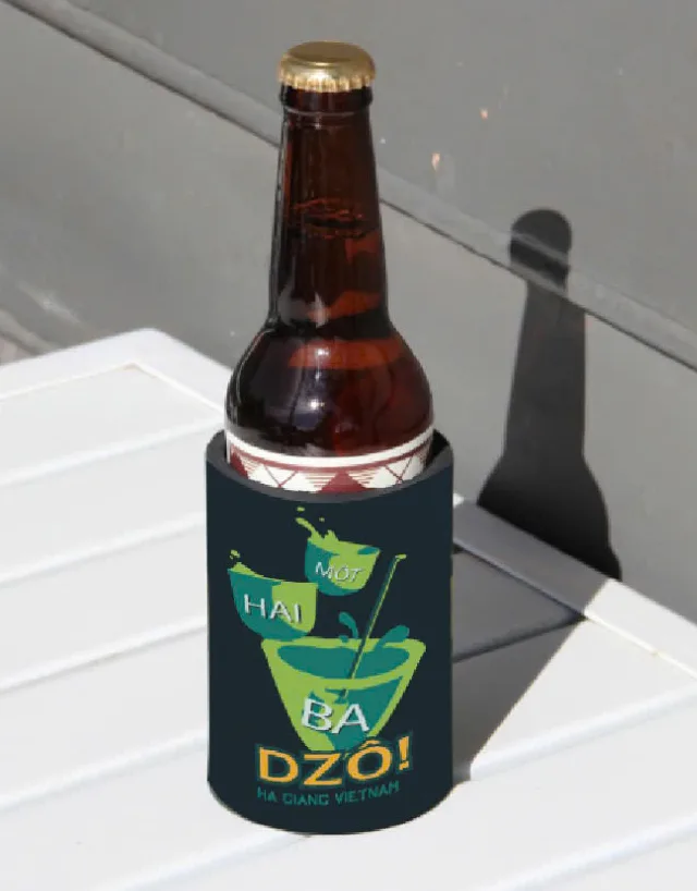 The Mot Hai Ba Dzo stubbie holder on a beer bottle