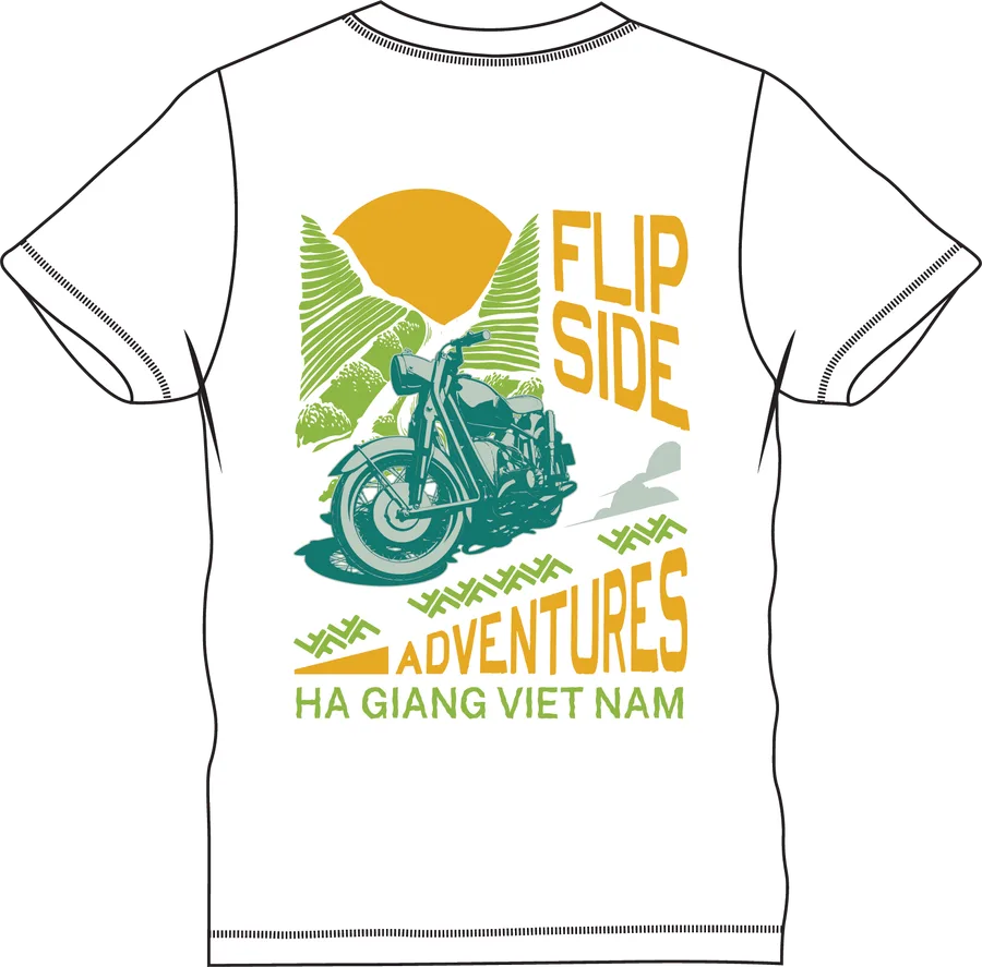 White tee with the scenery print on the back